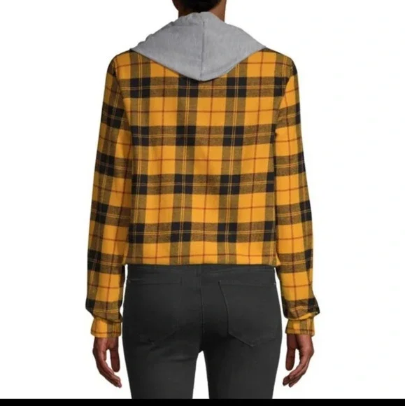 No Boundaries Cinched Waist Plaid Hoodie Yellow med plaid button on snap 💛 - Picture 2 of 11